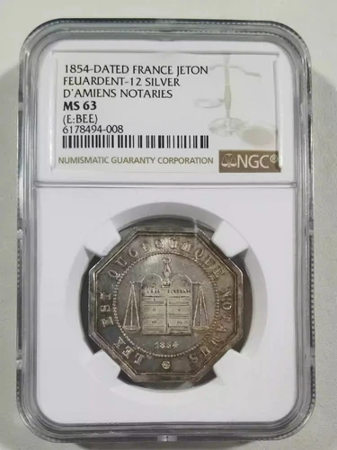 France 1854 Jeton Feauardent-12 D' Amiens notaries silver medal ngc ms63