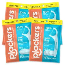 Plackers Twin-Line Dental Floss Picks 75 Count Pack of 4 for Fresh Breath