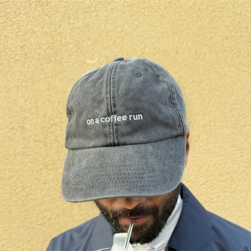 ON A COFFEE RUN - GRIND Black Washed Denim Unisex Slogan Dad Baseball Cap