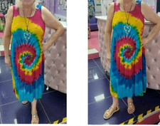 New Multi Colour Tie Dye STRETCHY Shirred Bust Summer Dress One Size 14-16-18-20