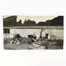 Child Playing With Toys Photo c1915 Ames Iowa Doll Monkey Wagon Horse Art D1001