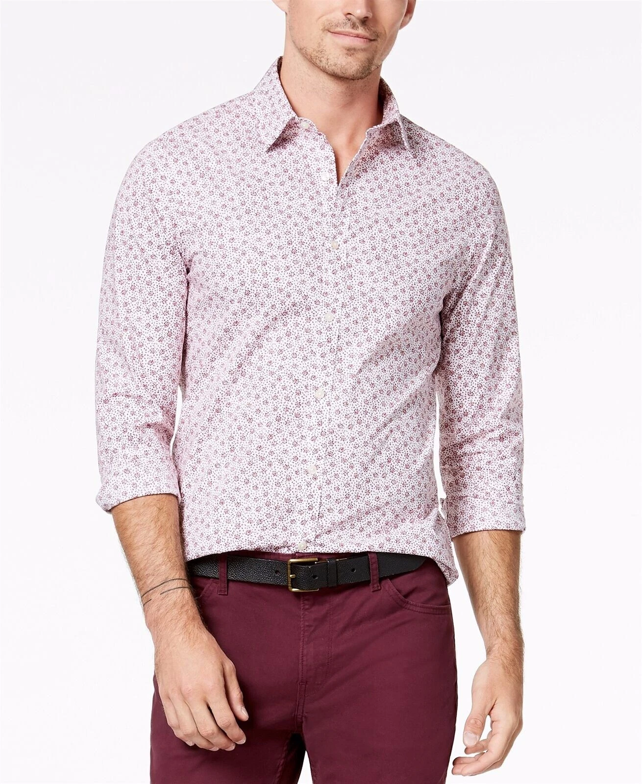 Michael Kors Men's Slim Rose Print Rouge Red Floral Cotton Elastane Shirt 2XL