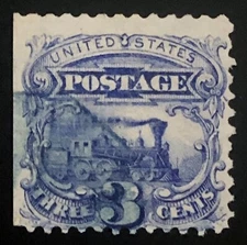 US 1869 #114 Grill 3c Train Locomotive w/Blue Fancy Cancel Nice Color Used