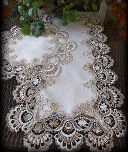 Table Runner Dresser Scarf Taupe Lace Antique White 28" PLUS 16" Round Doily - Picture 2 of 8