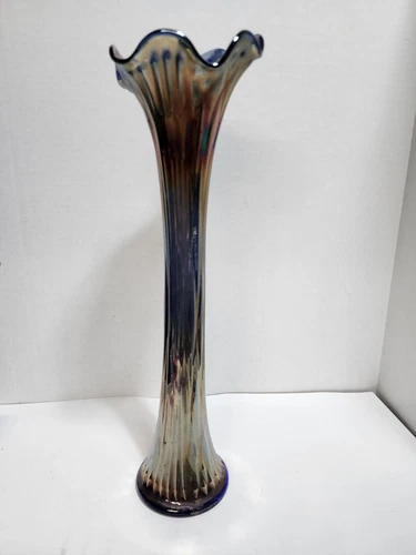 Vintage Fenton Cobalt Blue Carnival Glass Swung Vase 16" Tall