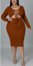 GoodTimesUSA Burnt Orange Copper Stretch Midi Dress Cut Outs Laced Front Size 3X