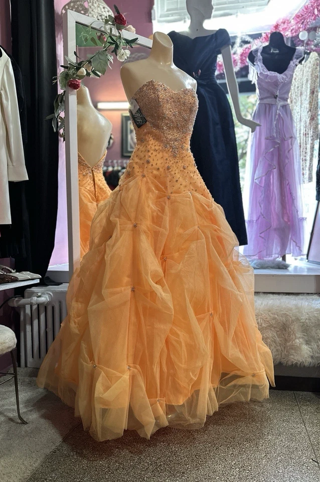 Vestido de baile vintage Y2K años 2000 graduación quinceañera naranja sin tirantes cuentas hadas XS Foto 4 de 4