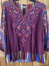 John Mark Plus Size 1X Floral Embroidered 3/4 Bell Sleeve Tunic $139 Burgundy