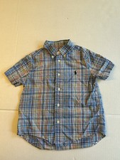 Ralph Lauren Boys Blue Orange Plaid Button Down Cotton Short Sleeve Shirt Size 5