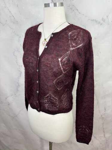 Calme Johnny Was y2k Burgundy Open Knit Cardigan Sweater Top S Wool Cottagecore - Picture 13 of 18