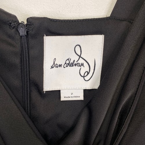 SAM EDELMAN Black Satin Pleated Midi Dress Size 2 V Neck Wrap Bodice Evening LBD - Picture 5 of 10