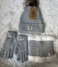 3 PCs SET Knit Winter Beanie, Gloves, Neck Warmer Scarf Ugg