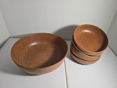 Vintage Ellingers Agatized Wood Salad Bowl Set Mid-Century Modern 7 Piece Set