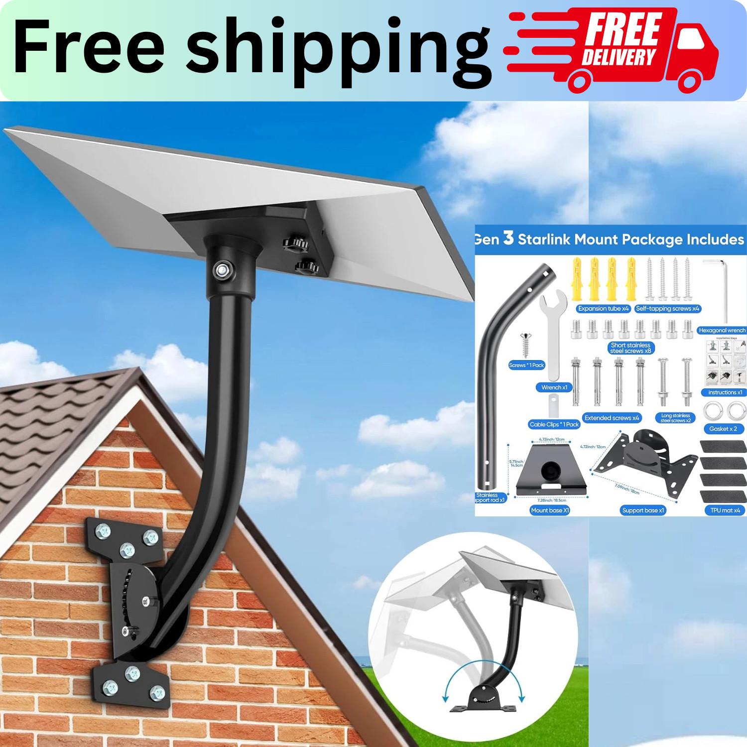 Starlink Gen 3Heavy Duty Mounting Kit 180 Adjustable Pole Mount for Internet Kit