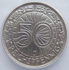 Coin Weimar Republic 50 Reichspfennig 1931 J in UNC ANACS AU58