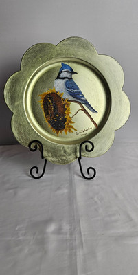 Hand Painted Blue Jay Charger Plate Signed Bird Art Sunflower Decor