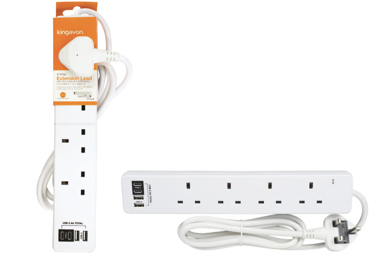 Extension Lead with 2 x USB and 2 x USB-C Ports 2m Cable 4 Gang Sockets - White