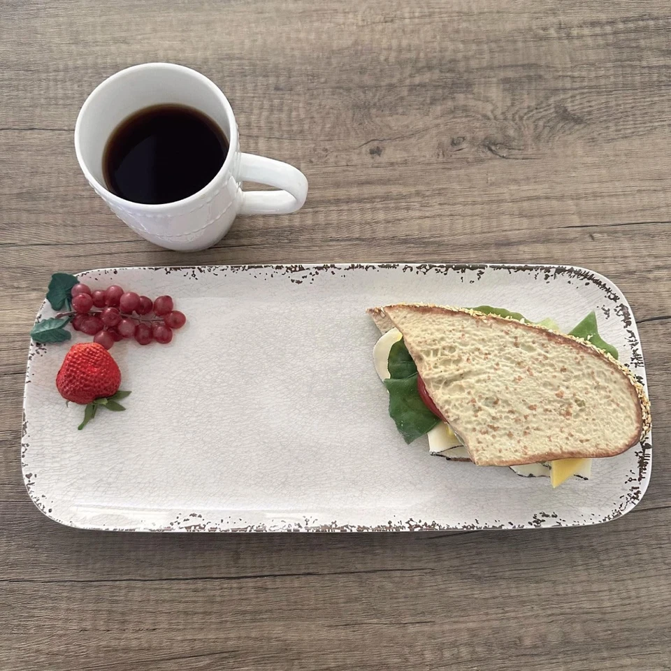 Bandeja para servir rectangular de melamina de 15 pulgadas, bandeja para alimentos sin BPA - crema craquelada Foto 2 de 4