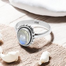 Oval Natural Rainbow Moonstone Statement Boho Ring Jewelry 925 Solid Silver US 7