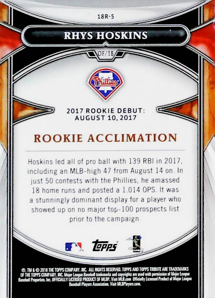 2018 TOPPS TRIBUTE #18R-5 RHYS HOSKINS ROOKIE RC #195/254 - Image 2 of 2