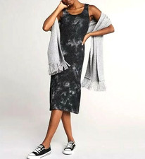 NWT YUMMY L BLACK TAUPE GRAY TIE DYE RIBBED MIDI SWEATER TANK STRETCH DRESS