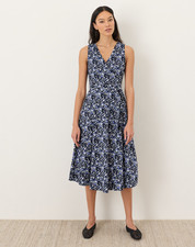 PACT Organic Fit Flare Easy V-Neck Dress, Paradise Petals Navy Blue