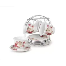 8 Oz. Coffee/Tea Cups on Metal Stand-Red and Ivory Flower (Set of 4)