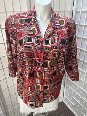 Women's Notations  2X Red Printed 2in1 Button Up Blouse