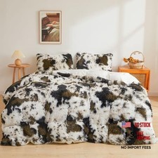 Cow Print Fluffy Faux Fur Duvet Cover Set, 3 Pieces Soft King Cow Print Brown