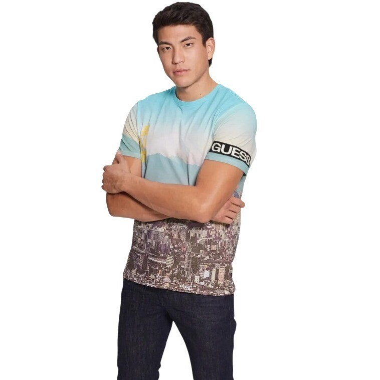 GUESS Men Eco Tokyo Cityscape Graphic T-Shirt Mount Fuji Blue Slim Fit Medium image 4