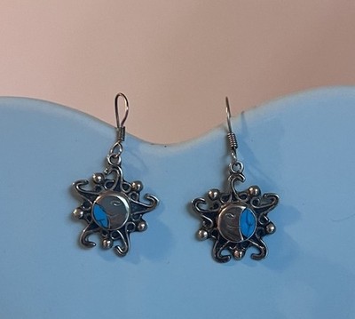 Mexico 925 Sterling Silver Turquoise Drop Earrings Heavy Vintage Sun Eclipse C3