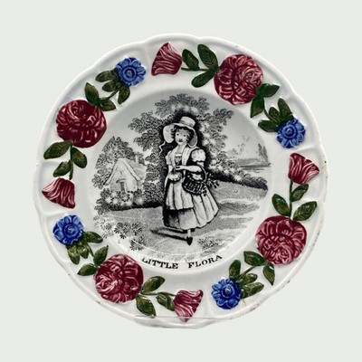 Frühes viktorianisches Kinderzimmer Geschirr Perlgeschirr Teller, kleine Flora, um 1840