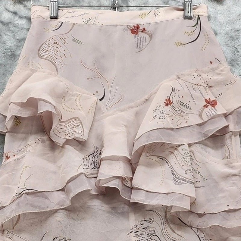 Saia Chelsea28 Feminina S Rosa Floral Camadas Babados Chiffon Midi Forrada Zíper Traseiro - Imagem 2 de 4