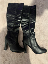 New Sz 8 Black Faux Leather Over-The-Knee Block Heel Rounded Toe Zip Boots