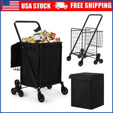 Folding Shopping Cart Rolling Grocery Cart Utility Trolley with Double Baskets