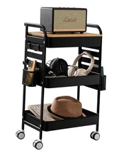 Art Cart with Tabletop & Pegboard - 3-Tier Rolling Utility Cart with Black