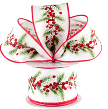 Red Winter Berries Green Pines 2.5" by 2 yd White Wired Ribbon Christmas Winter