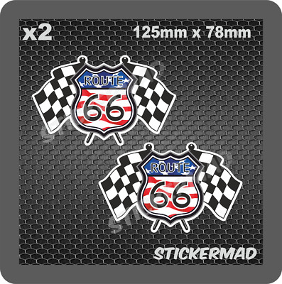 x2 ROUTE 66 GEKREUZTE KARIERTE FLAGGEN AUFKLEBER RETRO USA HIGHWAY MUSCLE CAR V8 V6