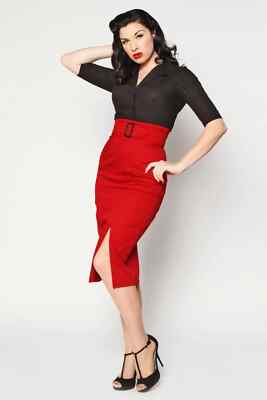 RED PENCIL SKIRT size 8 Long Denim Cigarette 1950s Vintage style Heart Of  Haute