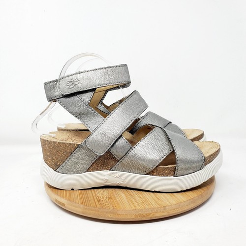 Fly London Wedge Sandals Womens 39 Silver Leather Platform Wedge Strappy Shoes