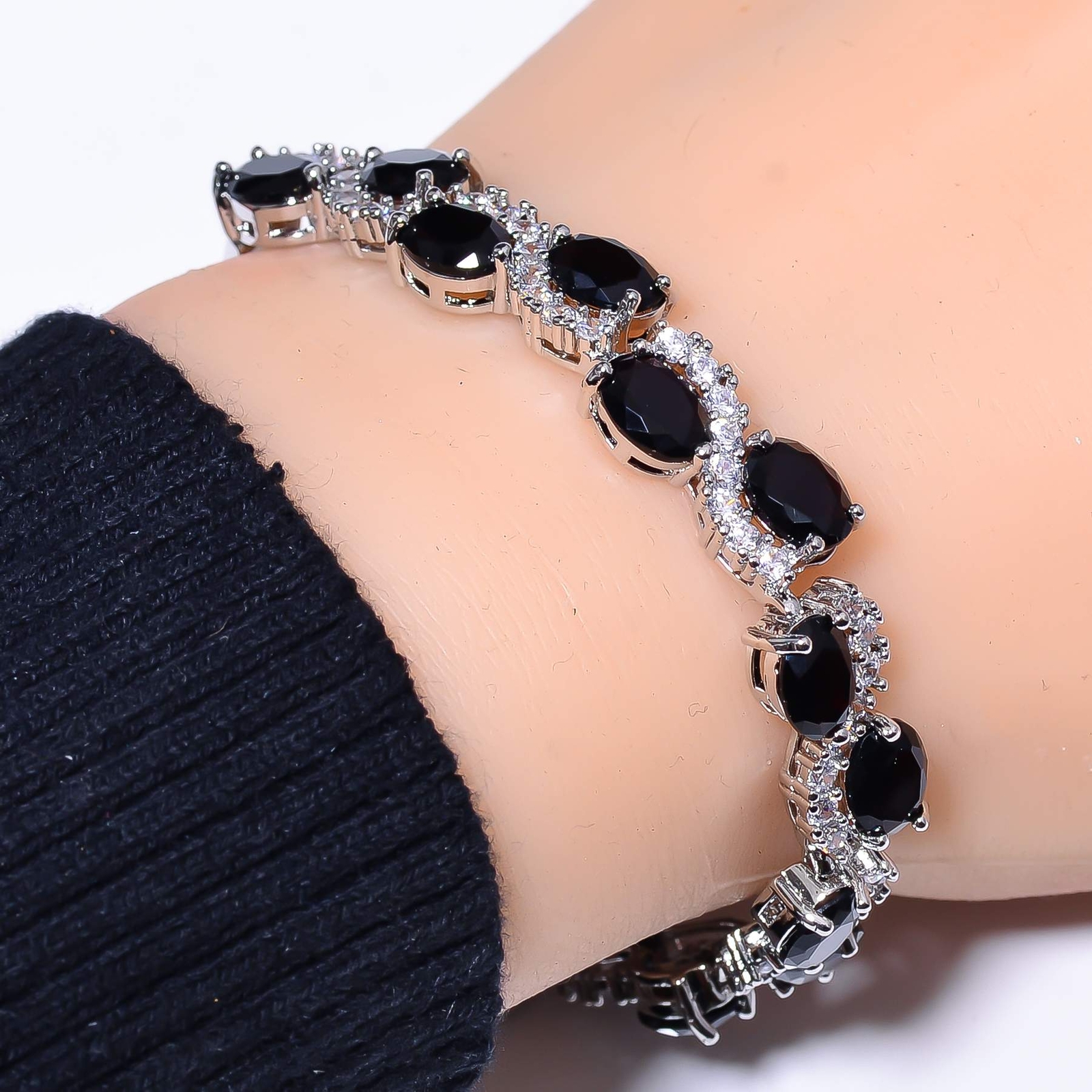 Black Onyx & Cubic Zirconia 925 Sterling Silver Tennis Bracelet 7.99