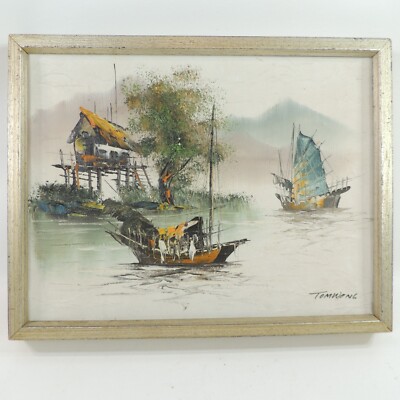 Chinese Diaojiaolou & Junk Boat Mid Century Oil Painting On Canvas by Tom Wong