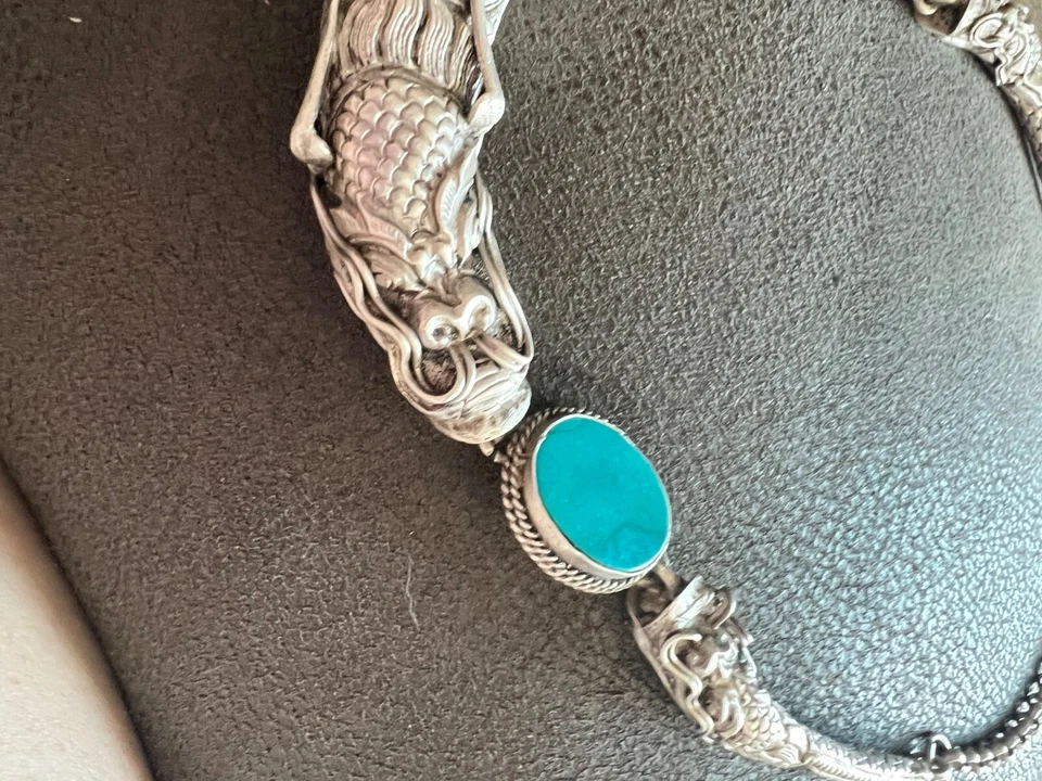 Colar de prata tibetana de dragão com pedras turquesa - Imagem 3 de 3