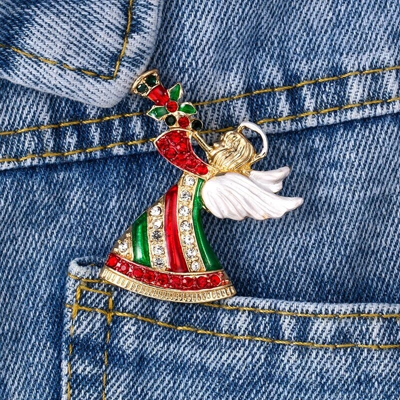 Broche prendedor de Navidad con estrás y esmalte de cristal ángel con bolsa dorada Foto 2 de 4