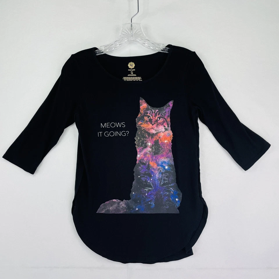 Camiseta TOTAL GIRL Meows It Going para niña gráfica dobladillo redondo XL 16 manga 3/4 Foto 2 de 4
