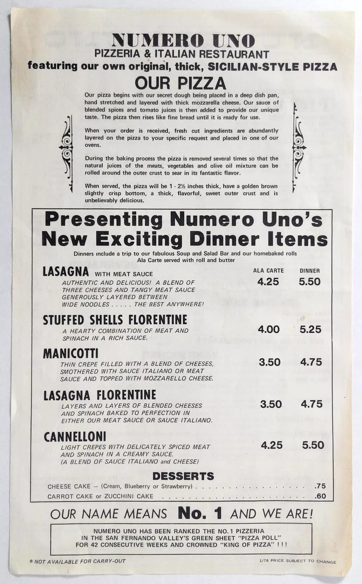 1978 Vintage Take Out Menu NUMERO UNO PIZZERIA Italian Restaurant Canoga Park CA