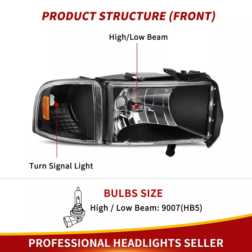 Headlights Assembly for 1994-2002 Dodge Ram 1500 2500 3500 Amber Corner Lamps - Image 4 of 4