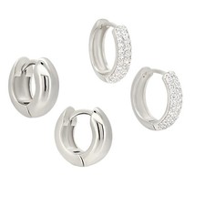 Pair - Plain and CZ Sterling Silver Huggies Earrings