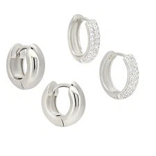 Pair - Plain and CZ Sterling Silver Huggies Earrings