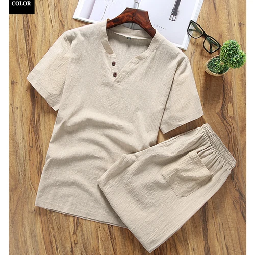Herren Shorts Baumwolle Leinen Sommer Set 2er Set Kurzarm T-Shirt und Hose - Bild 22 von 30